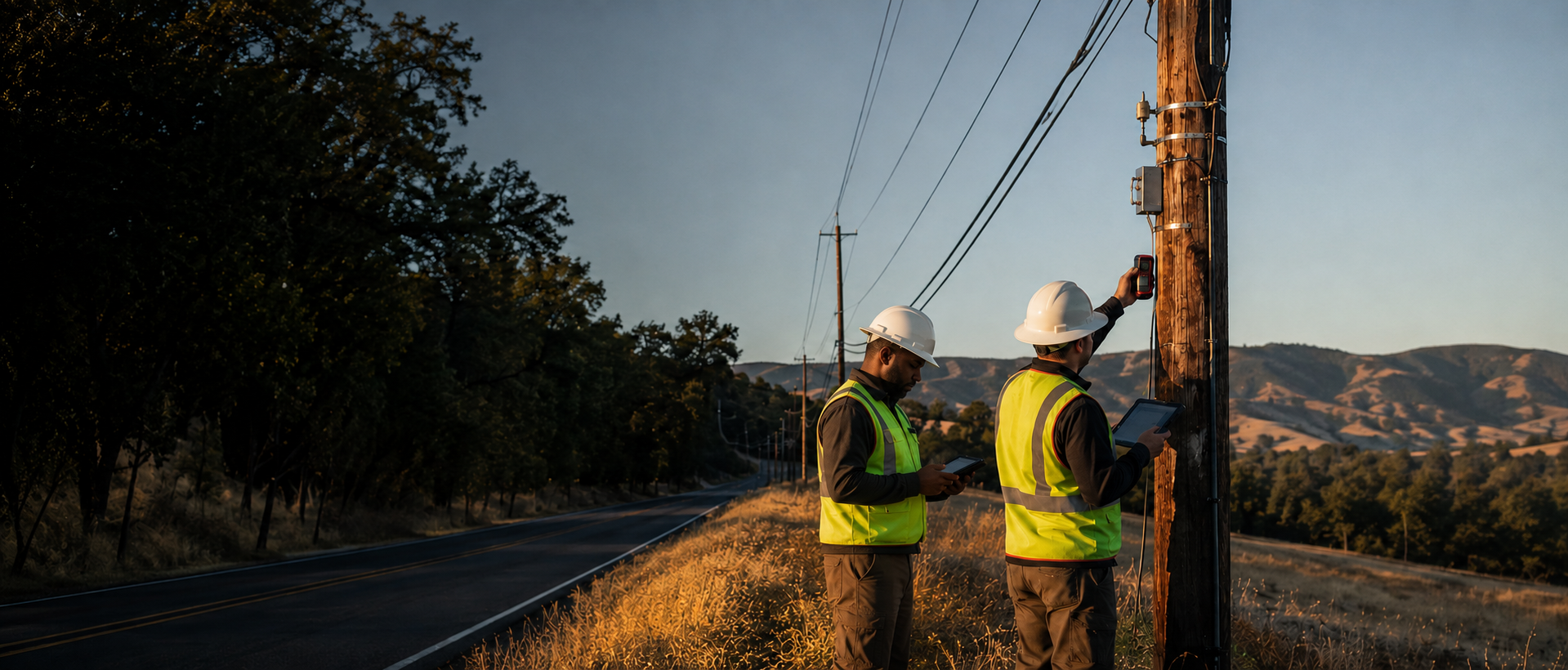 Utility field technician collecting pole data along a Northern California roadway